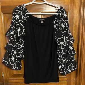 INC International Concepts Black Blouse with White Floral Sleeves